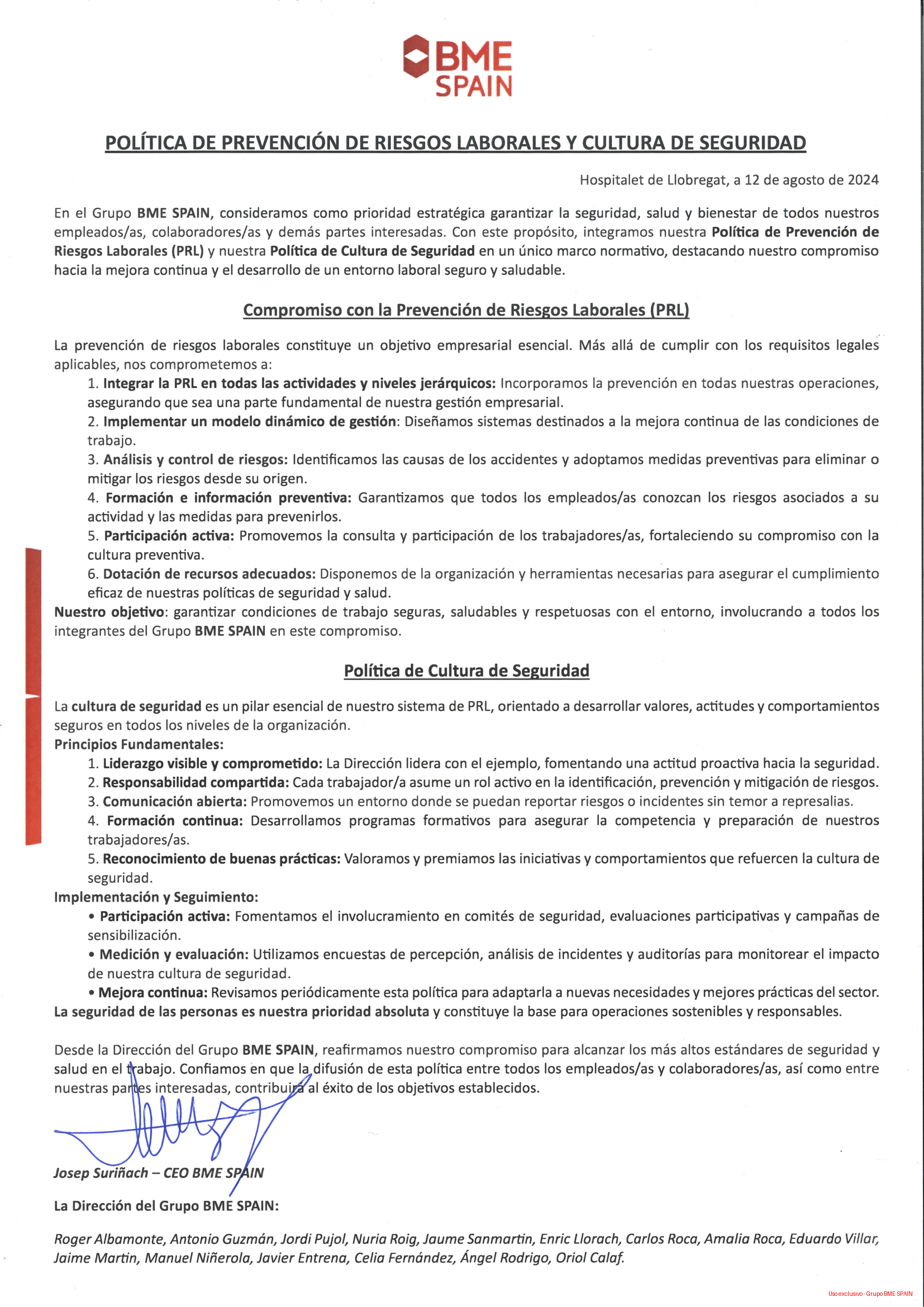 Política de PRL y cultura de seguridad - Documento protegido